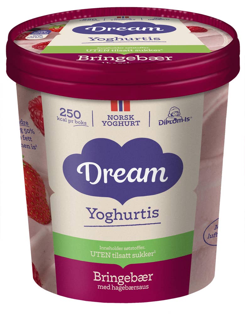 Dream Yoghurtis bringebær Med bringebærsaus, uten sukker