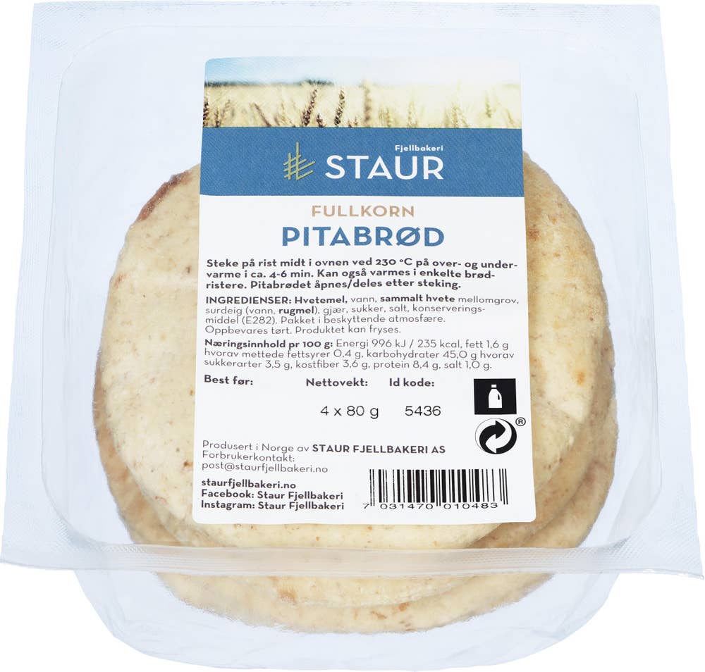 Pitabrød Fullkorn ca 15 cm, 4 stk 320 g