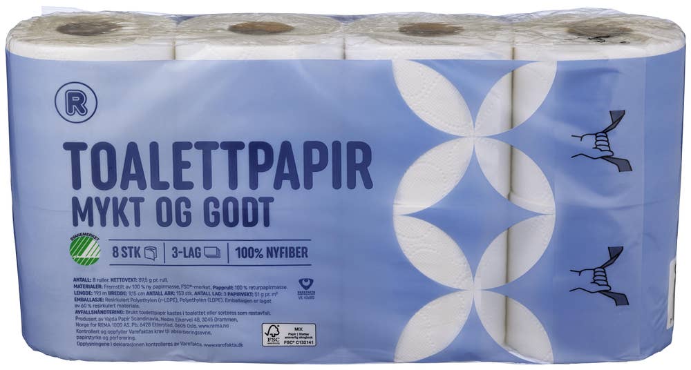 R Toalettpapir 3 lag, 8 stk