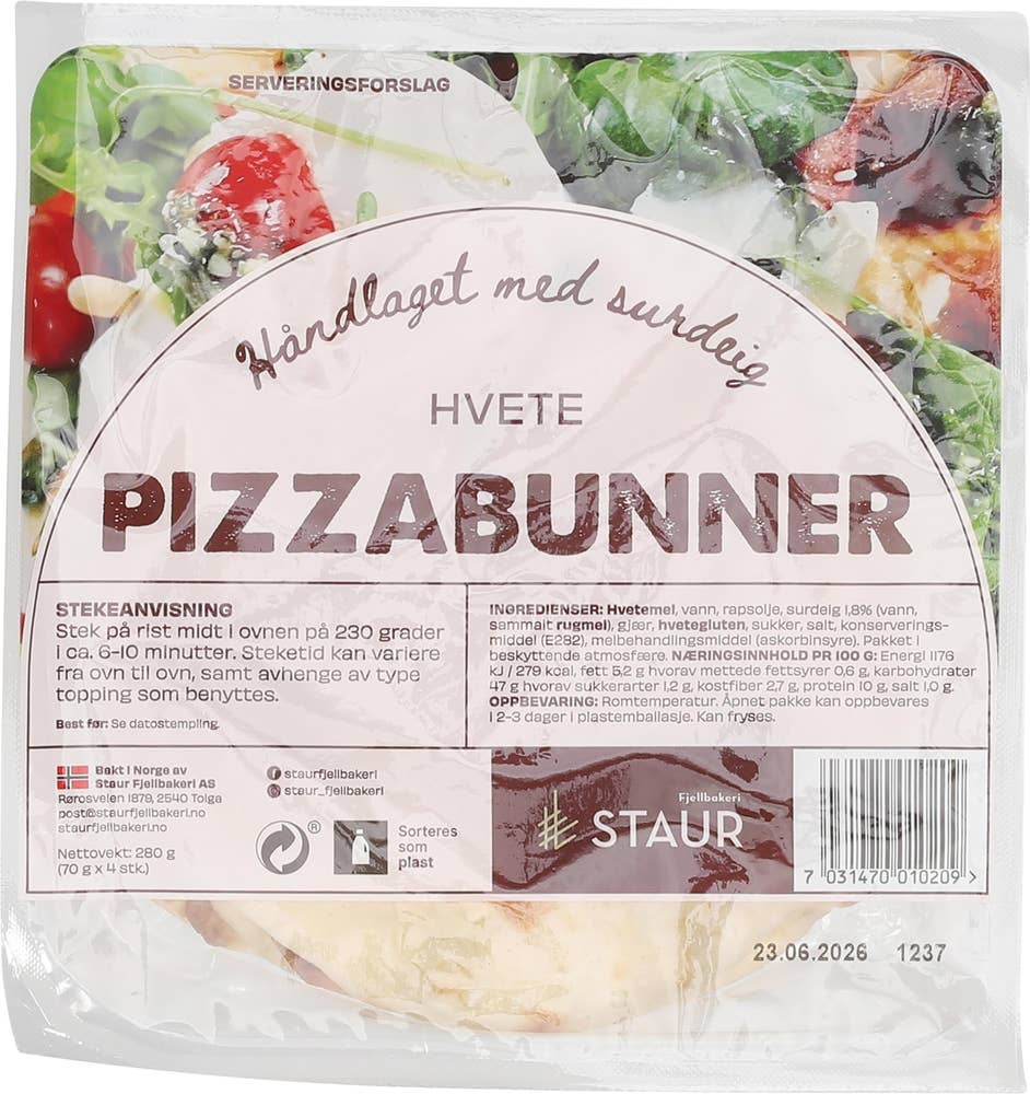 Staur Fjellbakeri Pizzabunn hvete 4stk, ca 16cm