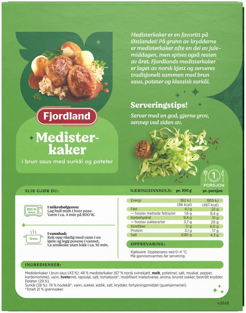 Fjordland Medisterkaker med surkål og poteter