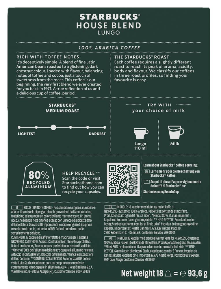 Starbucks House Blend multipack Lungo, 18 kapsler, intensitet 8