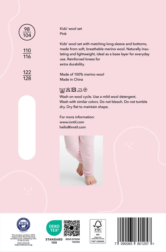 Inntil Ullsett til barn i 100% merinoull Rosa, str 98-104