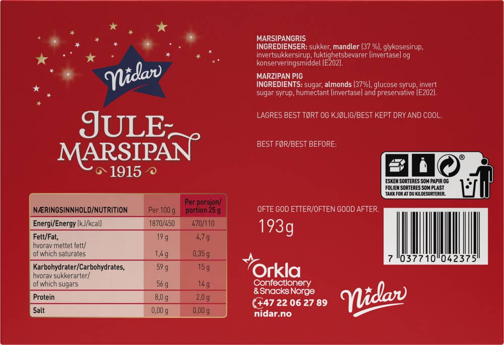 Nidar Julemarsipan Stor Marsipangris i Eske