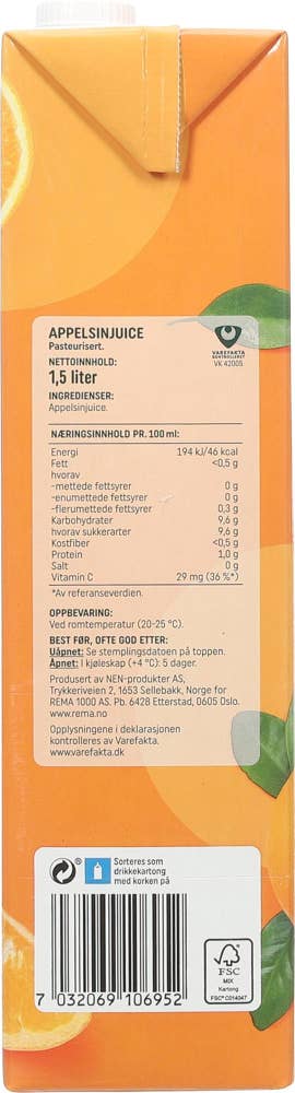 R Appelsinjuice uten fruktkjøtt Ikke fra konsentrat