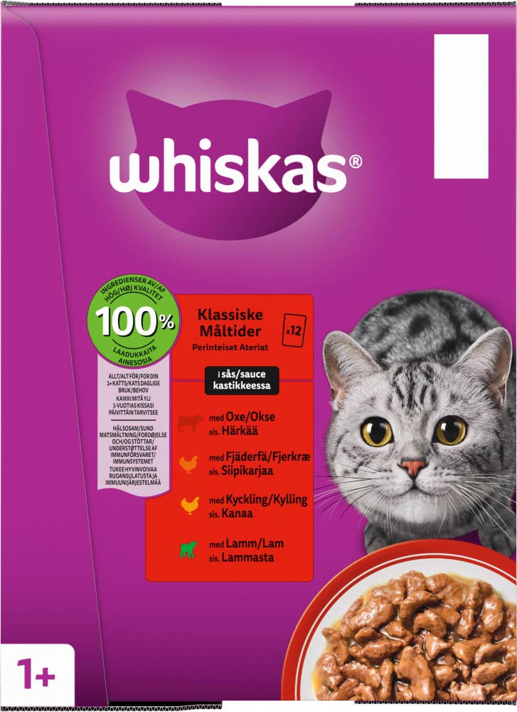 Whiskas Selection Våtfôr med Kylling, okse, lam og fjærkre i saus Til voksne katter fra 1 år, 12x100g