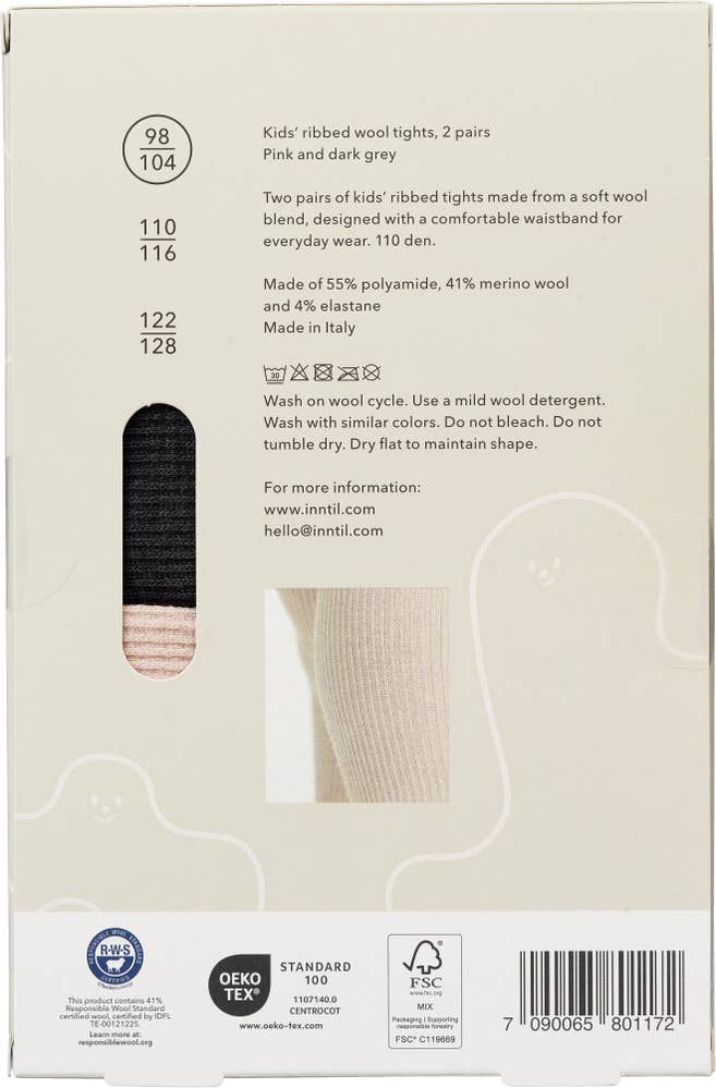 Inntil Ullstrømpebukse til barn Lysrosa og mørkegrå, str 98-104