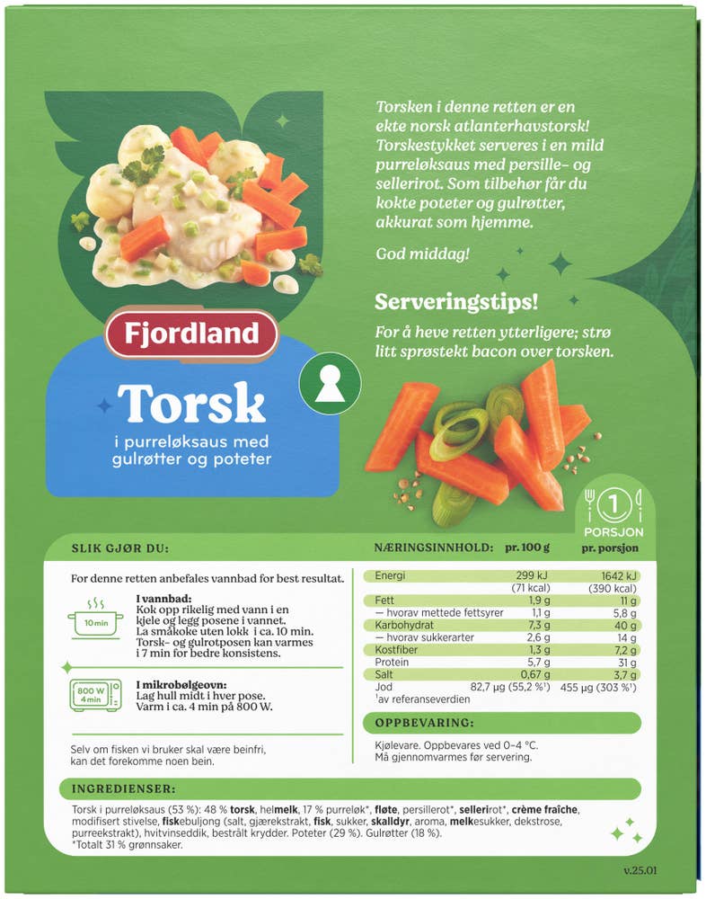 Fjordland Torsk Med purreløksaus, gulrøtter og poteter