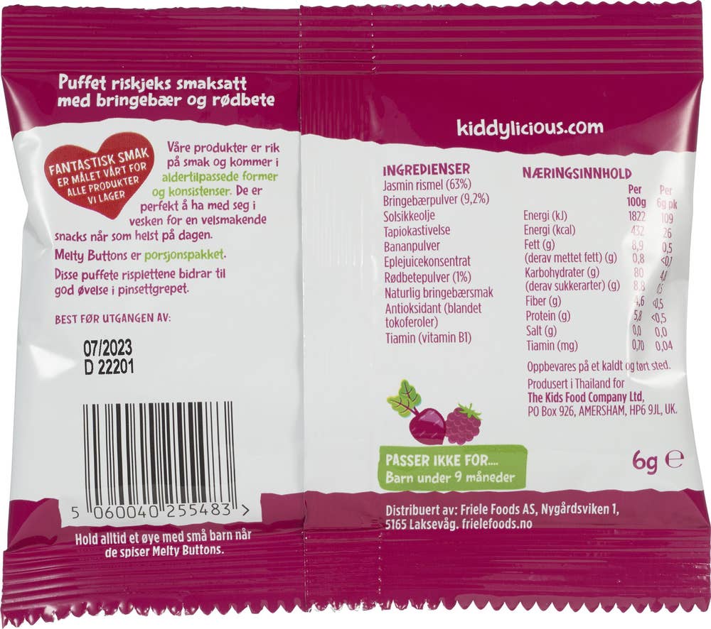 Kiddylicious Melty buttons med bringebær og rødbete Fra 9 mnd
