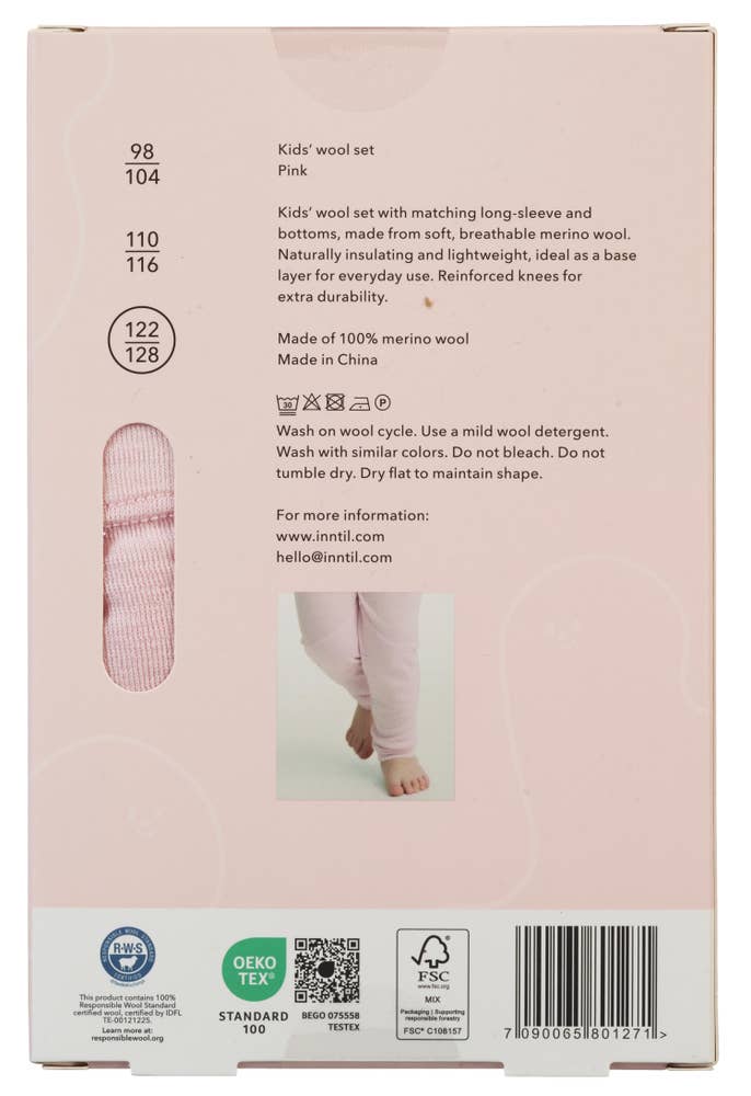 Inntil Ullsett til barn i 100% merinoull Rosa, str 122-128