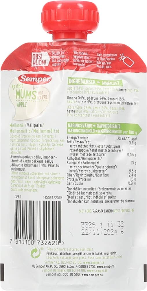 Semper Fruktmums eple og havre Fra 6 mnd
