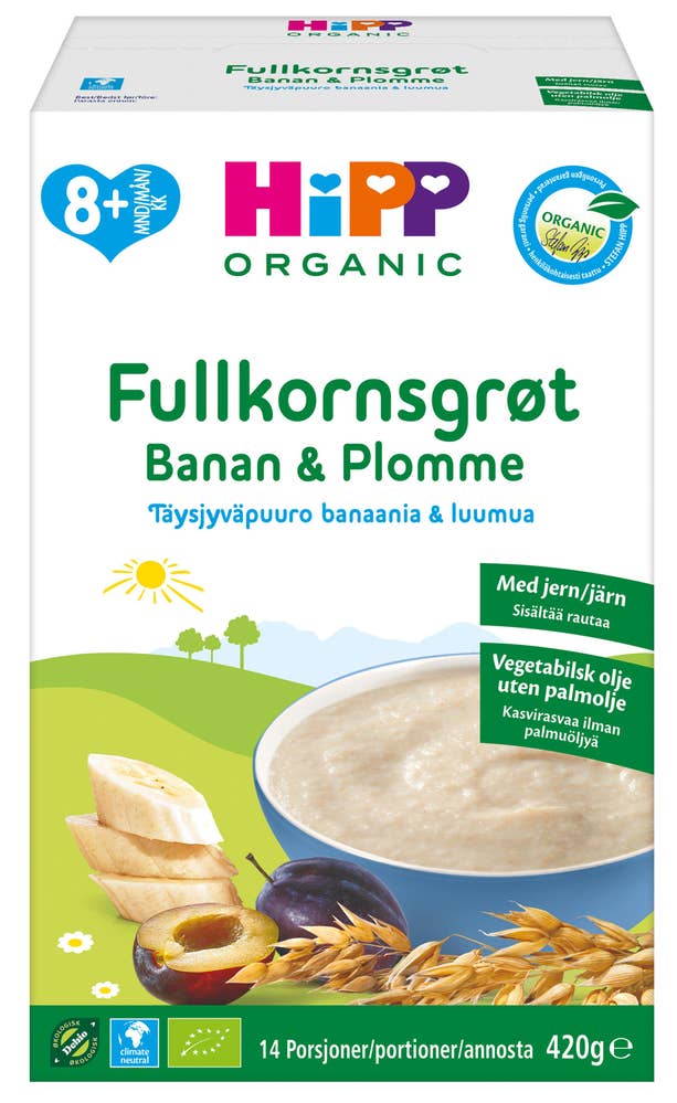 Hipp Fullkornsgrøt med Banan & Plomme Fra 8 mnd, Økologisk, 14 porsjoner