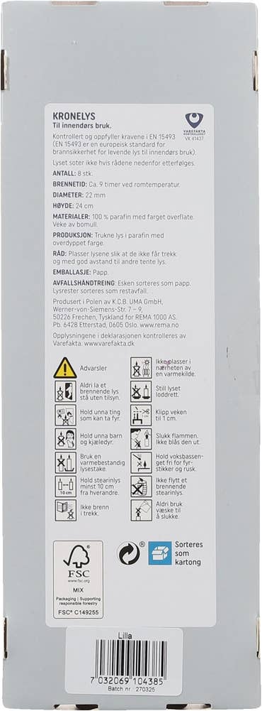 R Lilla kronelys, parafin 24 cm, 8 stk, parafin