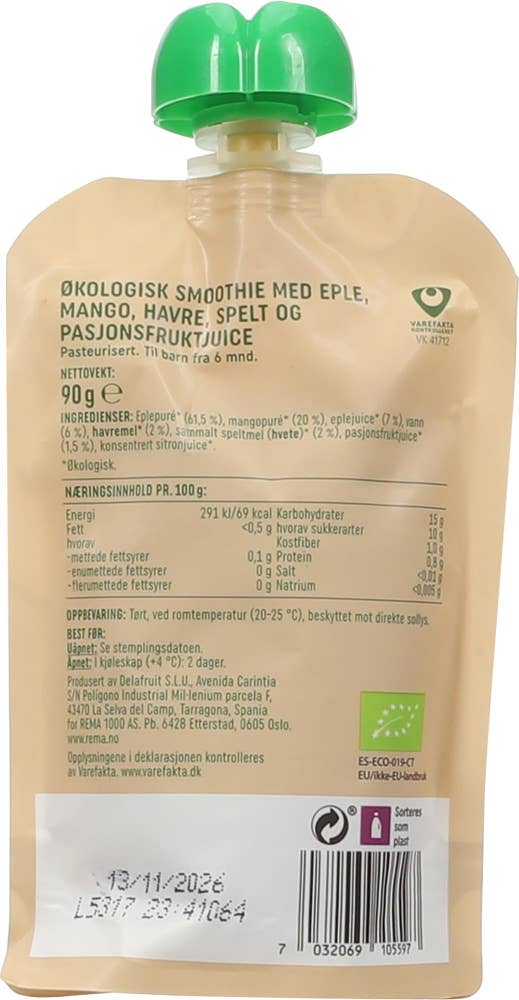 R Økologisk smoothie eple og mango Med havre og spelt, fra 6 mnd
