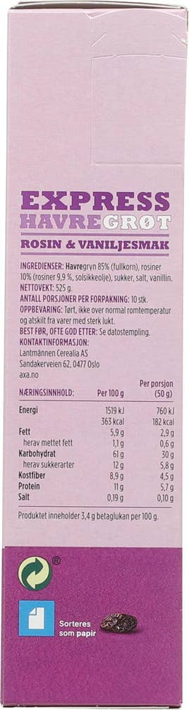 Axa Express havregrøt Rosin og vaniljesmak