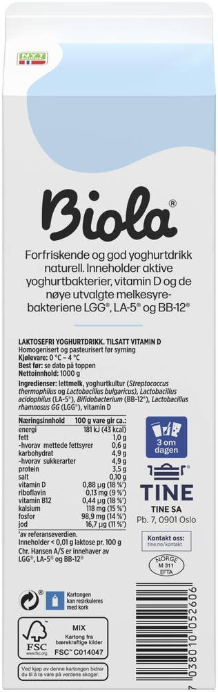 TINE Biola® syrnet lettmelk Laktosefri