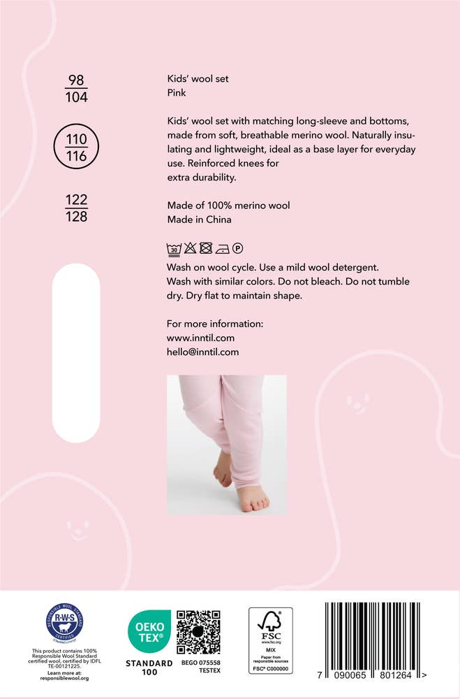 Inntil Ullsett til barn i 100% merinoull Rosa, str 110-116