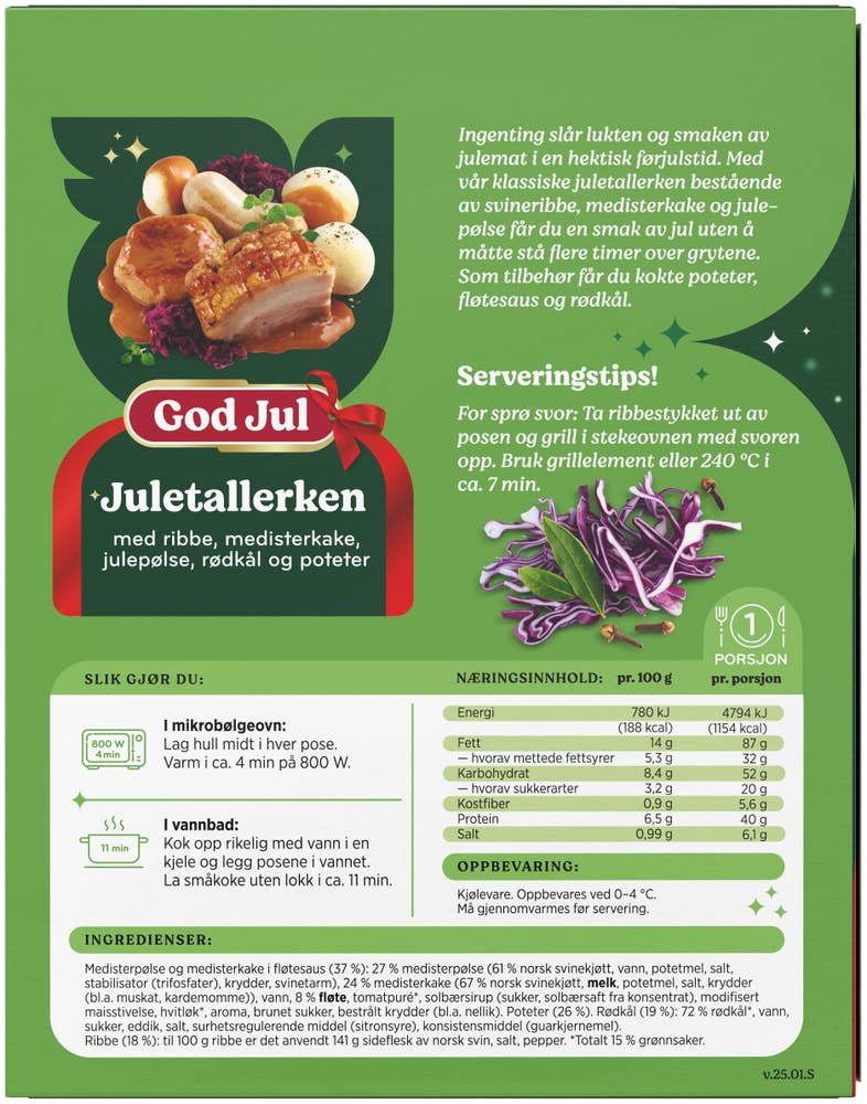 Fjordland Juletallerken Med ribbe, medisterkake, julepølse, rødkål og poteter