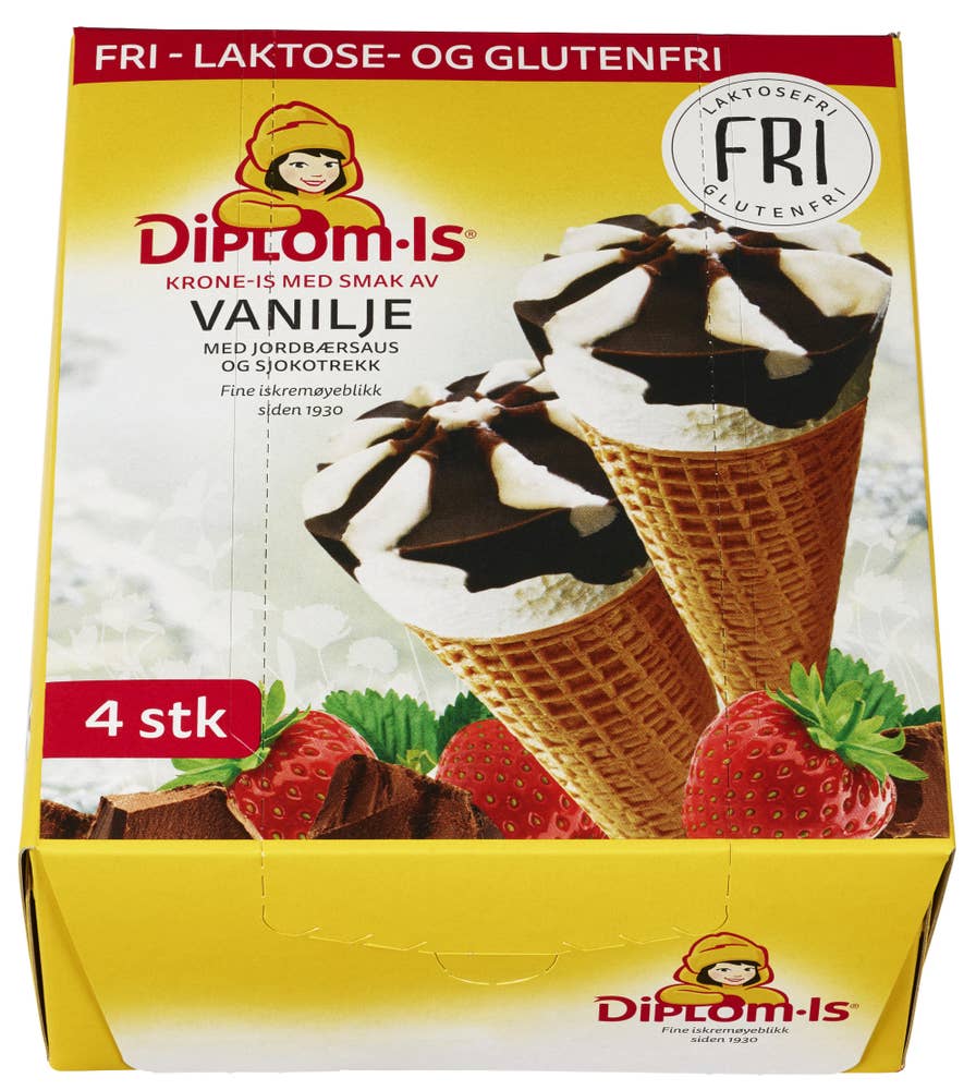 Diplom-is Krone-Is Sjokolade & Jordbær FRI 4 stk