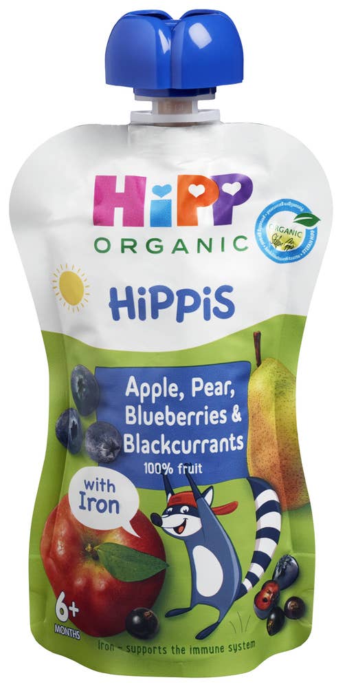 Hipp Smoothie Eple, Pære, Blåbær og Solbær med Jern Fra 6 mnd, Økologisk