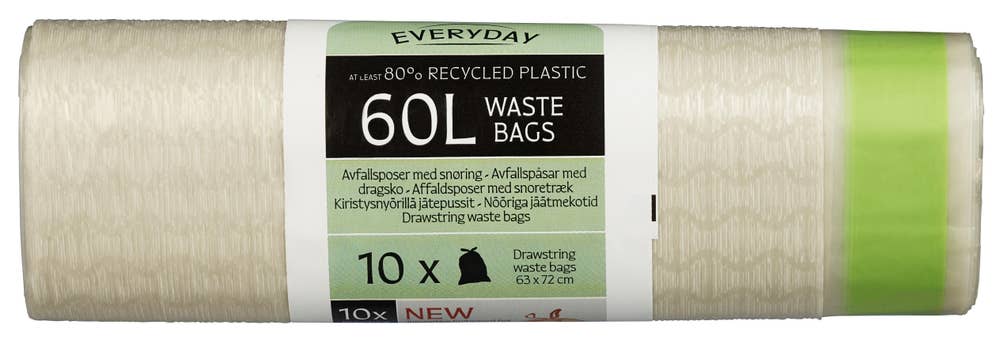 Everyday Avfallsposer med snøring Transparent, 60l, 80% resirkulert plast