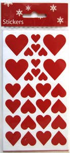 Festive Klistremerker røde hjerter 2 størrelser, 2 ark