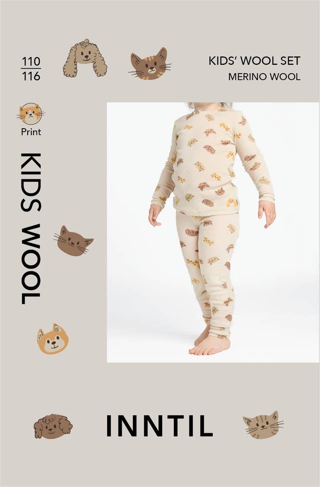 Inntil Ullsett til barn i 100% merinoull Med dyreprint, str 110-116