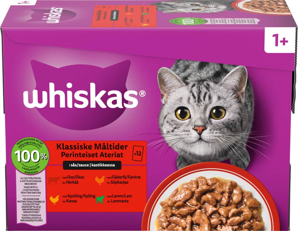 Whiskas Selection Våtfôr med Kylling, okse, lam og fjærkre i saus Til voksne katter fra 1 år, 12x100g