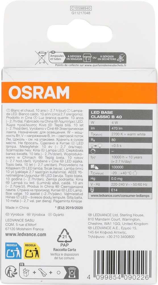Osram LED-lyspære CLB 40 Klar, E14, 2-pk