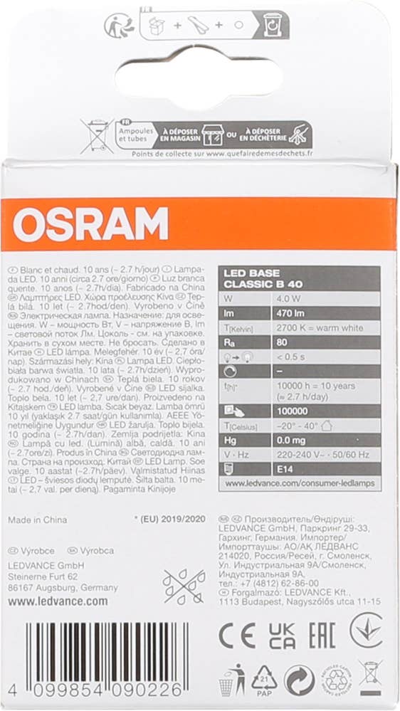 Osram LED-lyspære CLB 40 Klar, E14, 2-pk