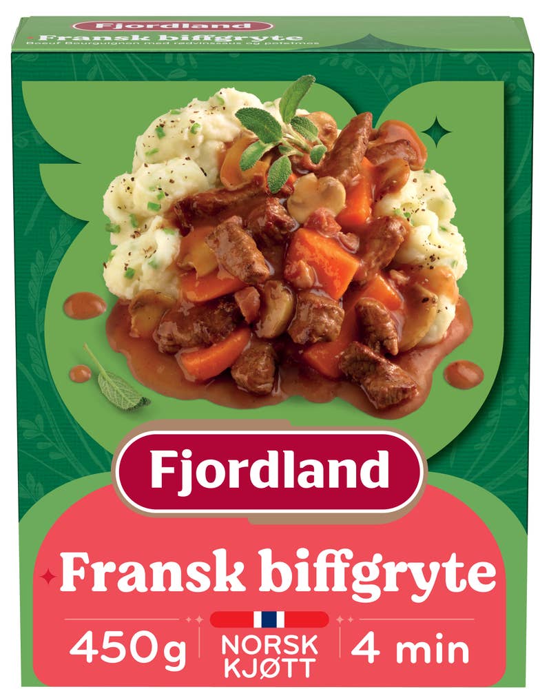 Fransk biffgryte Med storfekjøtt, baconbiter, rødvinssaus og potetstappe, 450 g