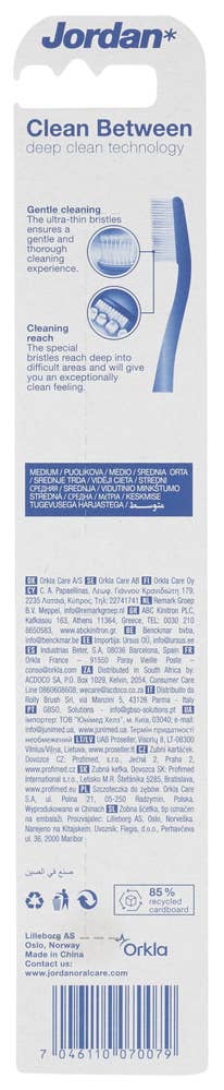 Jordan Tannbørste Clean Between Medium, med flosser, assortert variant