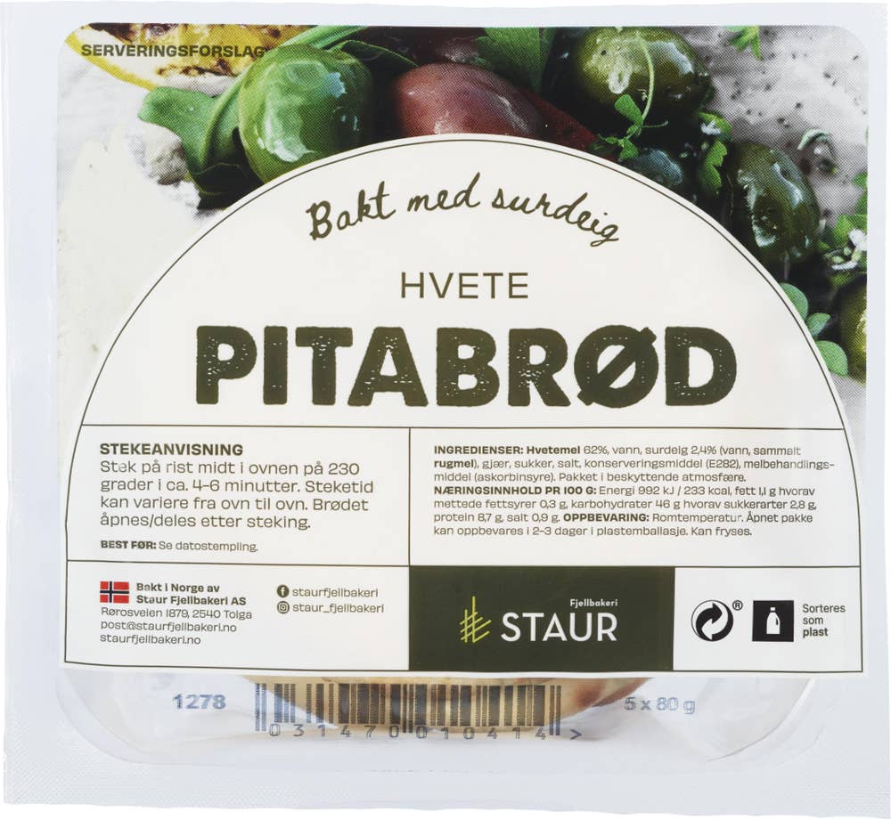 Staur Fjellbakeri Pitabrød hvete, ca 15 cm 5 stk