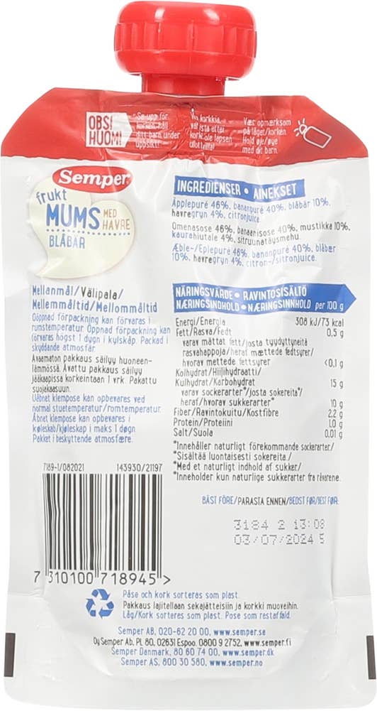 SEMPER Fruktmums med havre og blåbær Fra 6 mnd