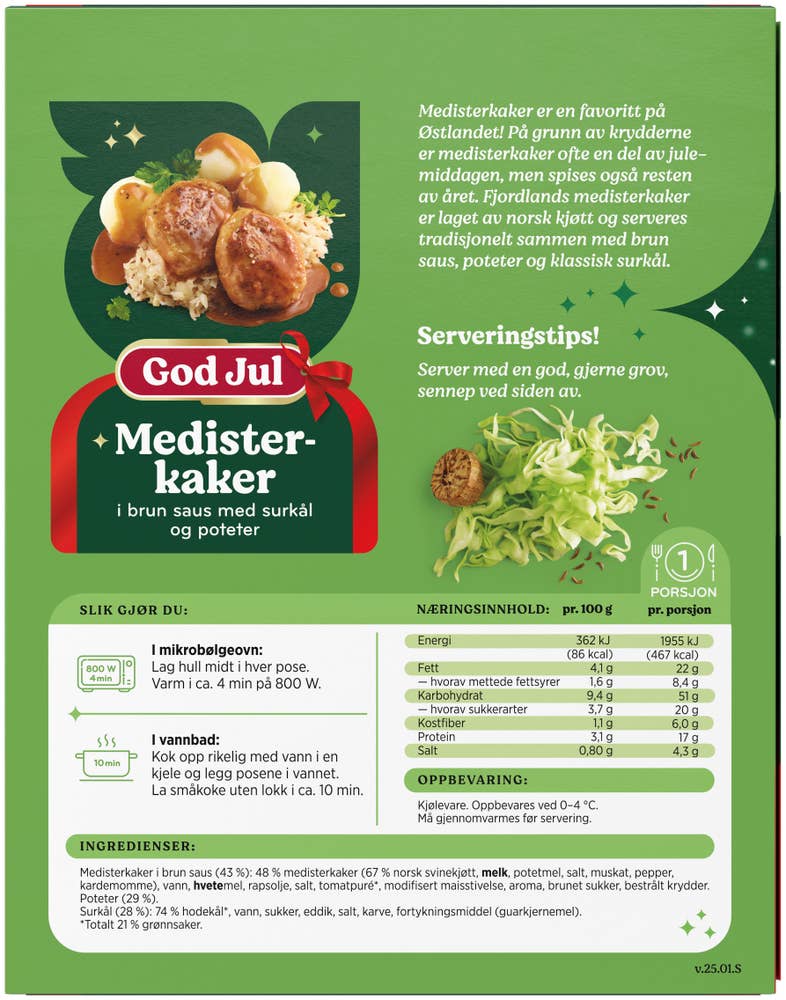 Fjordland Medisterkaker med surkål og poteter