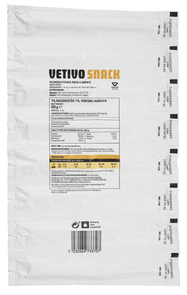 Vetivo Hundesticks med fjærkre 8 x 11g