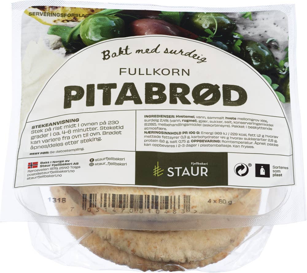 Staur Fjellbakeri Pitabrød Fullkorn ca 15 cm, 4 stk