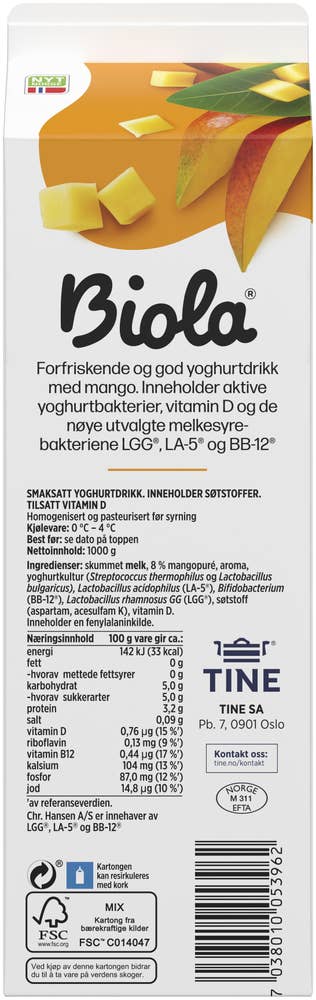 TINE Biola® yoghurtdrikk mango Uten tilsatt sukker