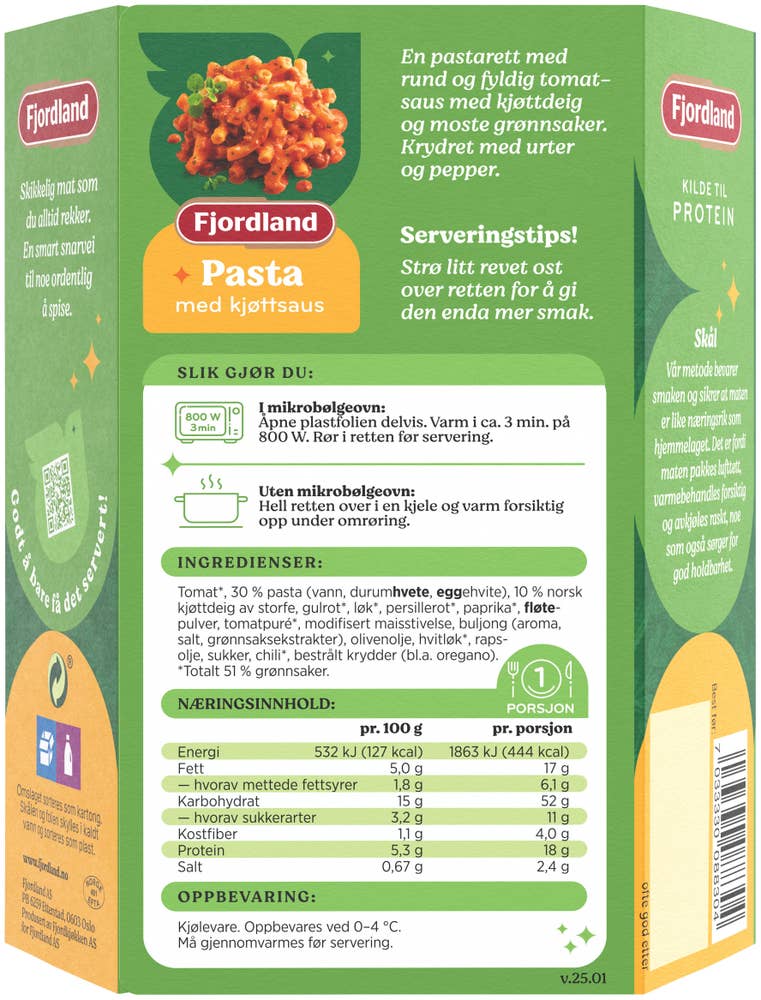 Fjordland Pasta med kjøttsaus Med tomat, løk og urter