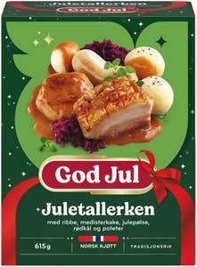 Fjordland Juletallerken Med ribbe, medisterkake, julepølse, rødkål og poteter