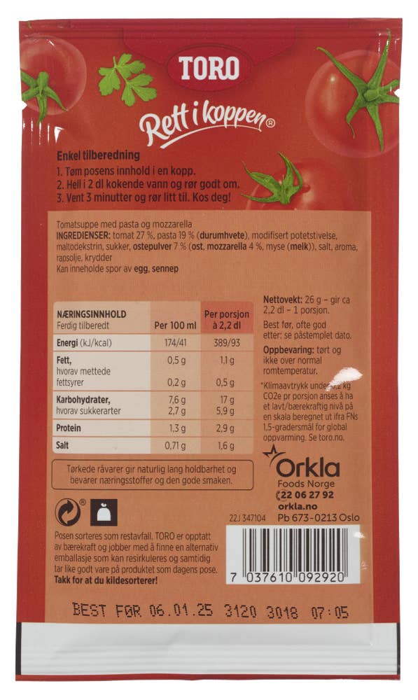 Toro Tomatsuppe med mozzarella Rett i koppen