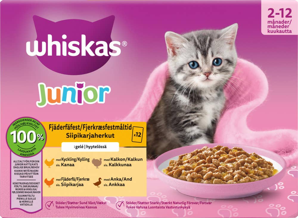 Whiskas Våtfôr til kattunge med fjærkre 2 - 12 mnd, 12 x 85g