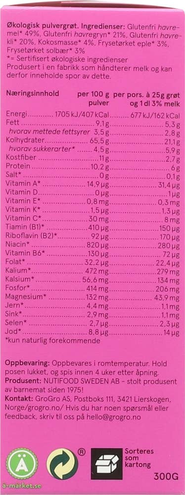 Grogro Pulvergrøt Chunky med havre, kokos, eple og solbær, fra 6 mnd.