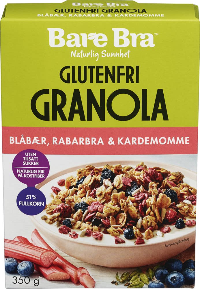 Bare Bra Granola Glutenfri Blåbær, Rabarbra og Kardemomme 350 g