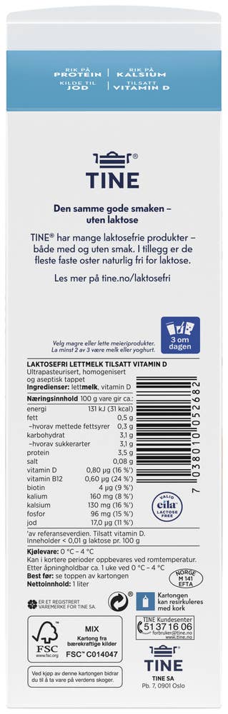 Tine Laktosefri Lettmelk 0,5%