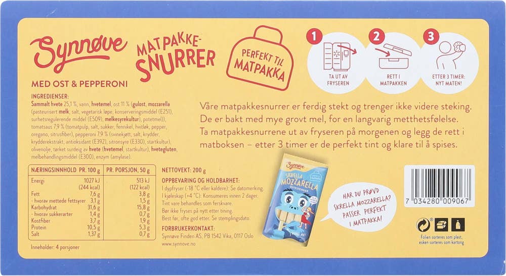 Synnøve Matpakkesnurrer Ost og pepperoni, 4 stk