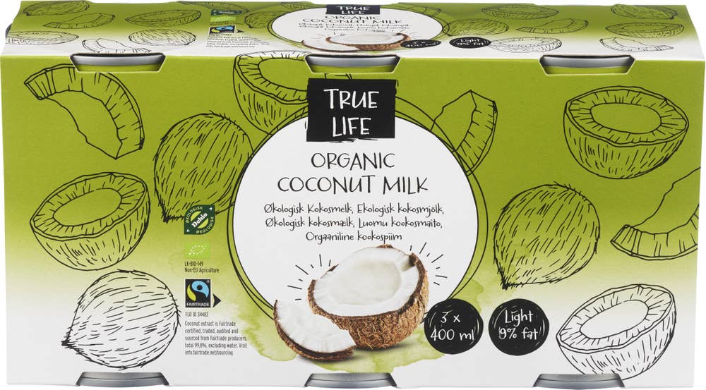 True Life Lett kokosmelk 8-9% Økologisk, 3 x 400 ml
