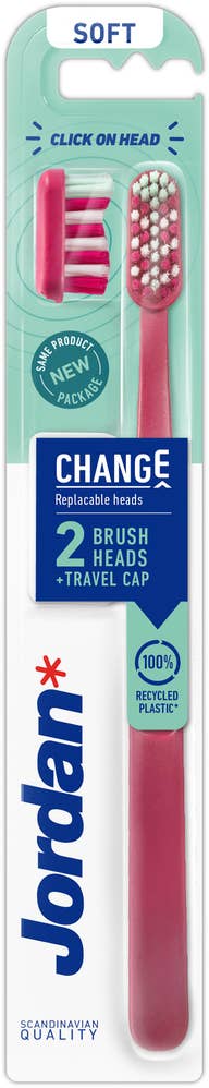 Jordan Tannbørste Change Soft Med 2 hoder, ass. farge