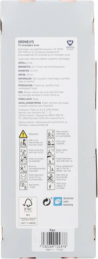 R Rød kronelys, parafin 24 cm, 8 stk