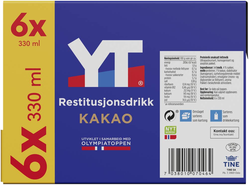 TINE YT restitusjonsdrikk kakao Partivare, 6x330 ml